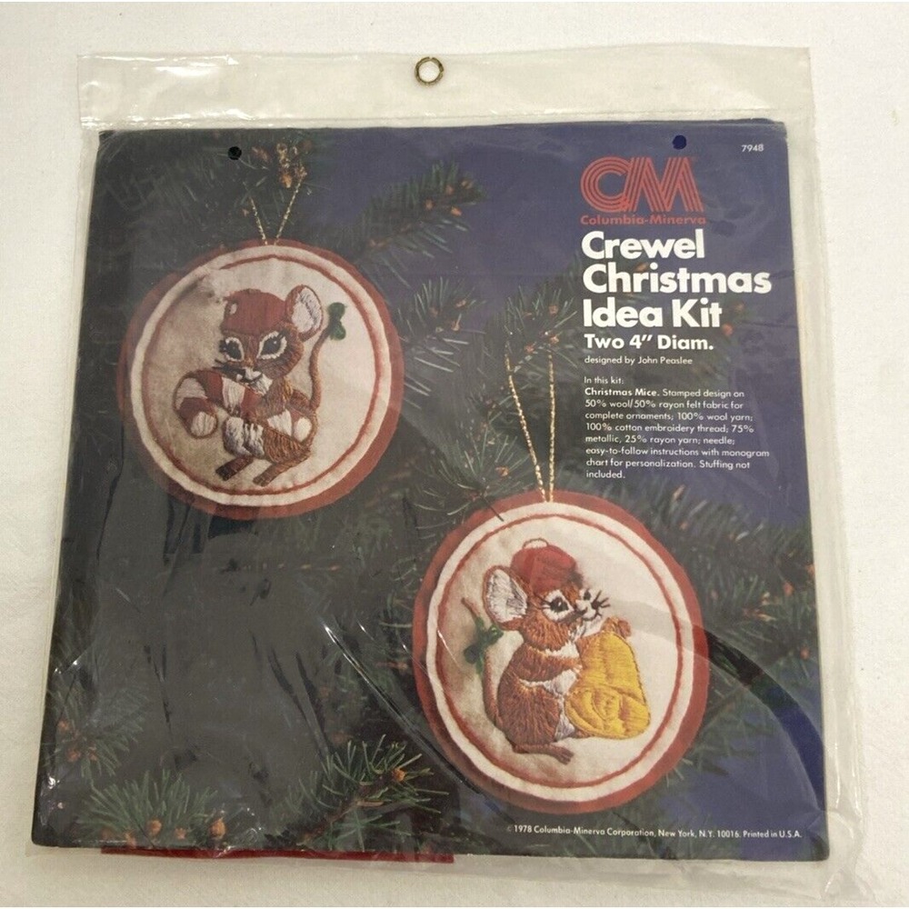 Vintage Columbia Minerva Crewel Christmas Kit 7948 Two 4" Mice Ornaments